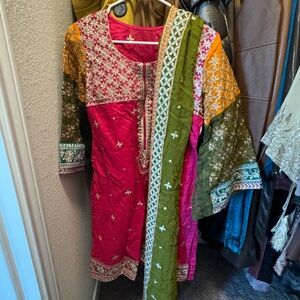 Multicoloured Embroidered Kurta with Dupatta